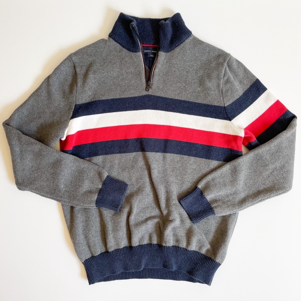 Tommy Hilfiger Men's Grey Quarter-Zip Sweater with Navy, White & Red Stripes